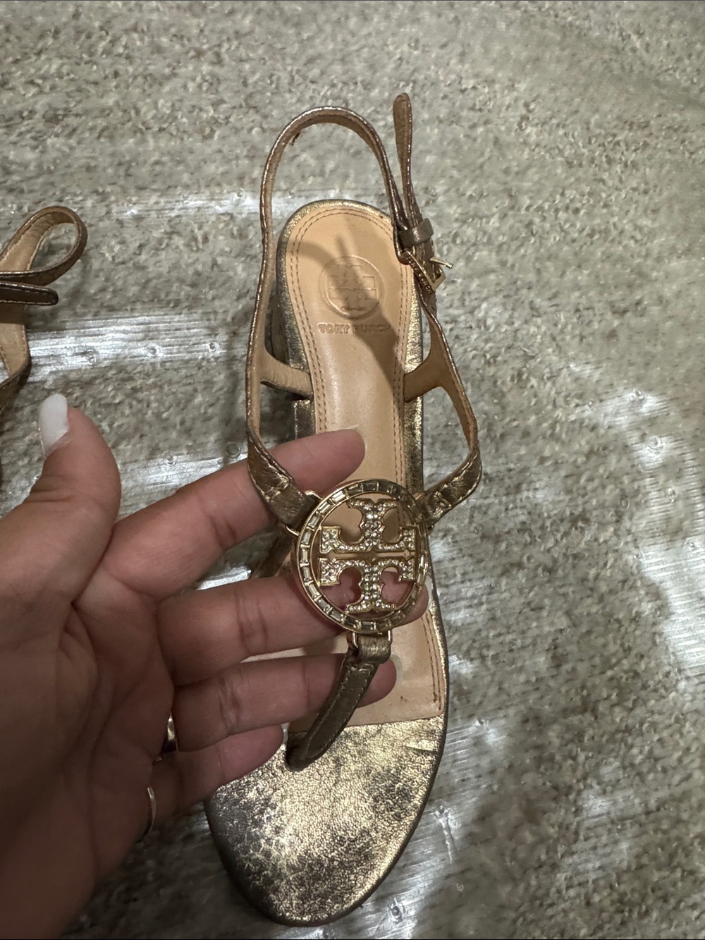 Tory Burch Metallic Gold Logo T-Strap Sandals